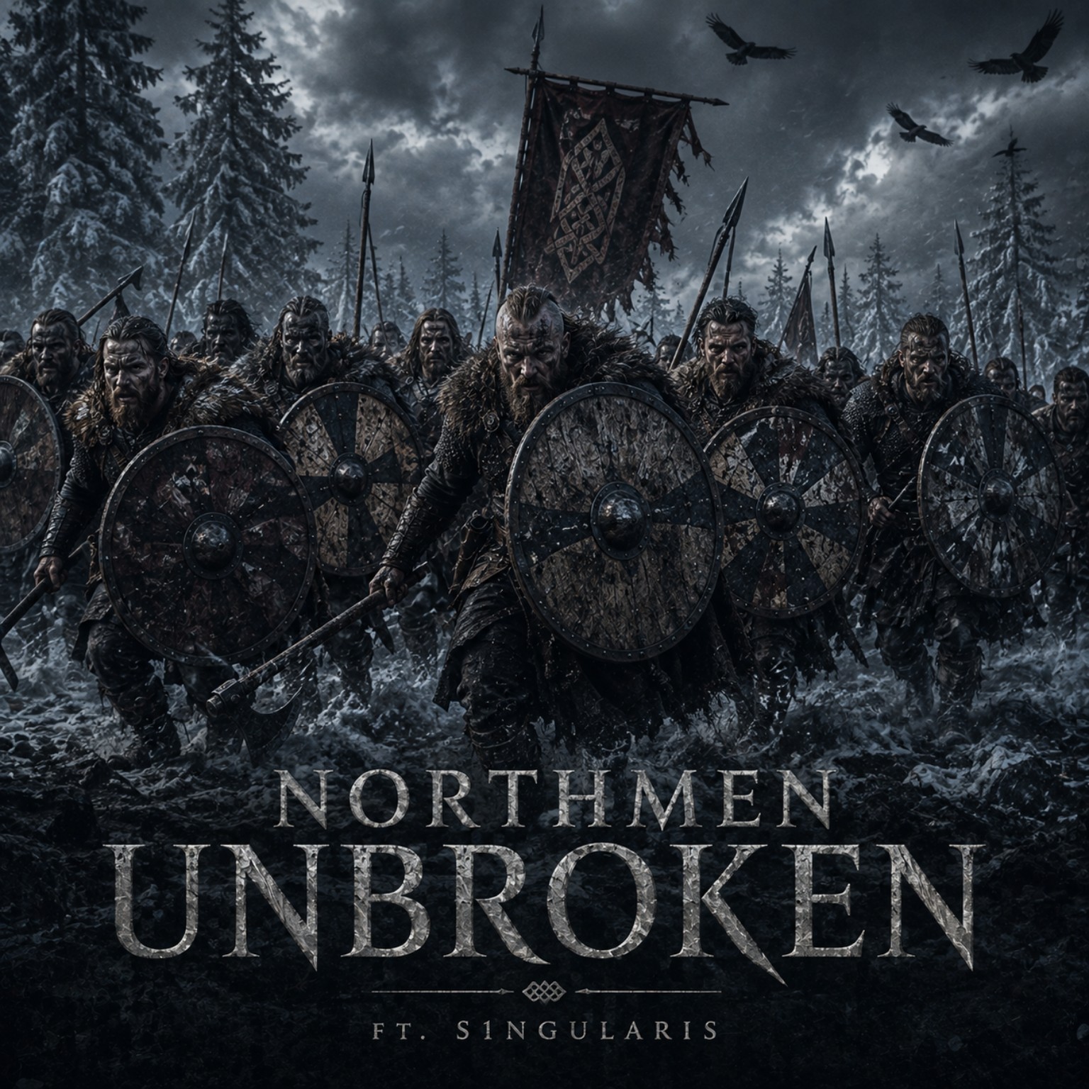 Northmen Unbroken cover concept A — Viking shield wall in a snowy forest