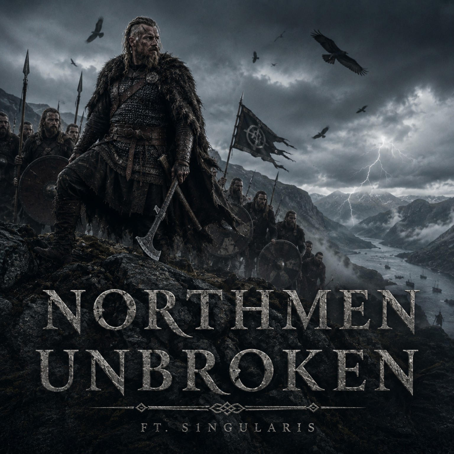 Northmen Unbroken cover concept B — Viking warrior overlooking a stormy fjord
